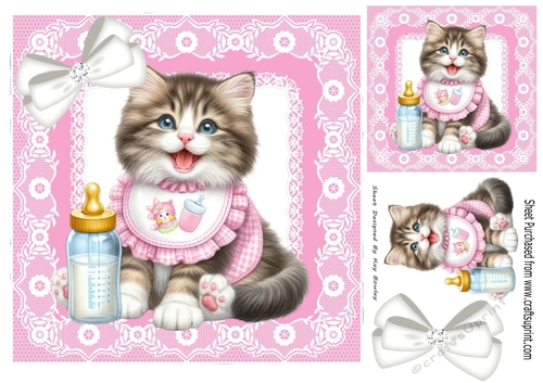 Sweet Kitty With Milk Bottle & Bow, Pink lace 8x8 Frame (Three)
