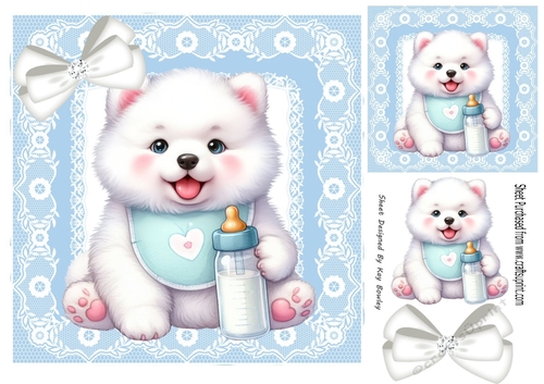 Cute Puppy With Milk Bottle & Bow, Blue lace 8x8 Frame (One)
