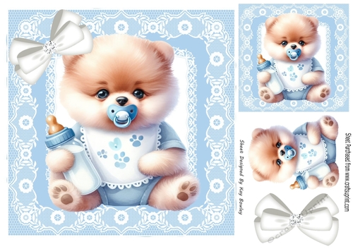 Cute Puppy With Milk Bottle & Bow, Blue lace 8x8 Frame (Two)