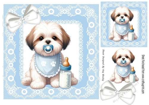 Cute Puppy With Milk Bottle & Bow, Blue lace 8x8 Frame (Four)