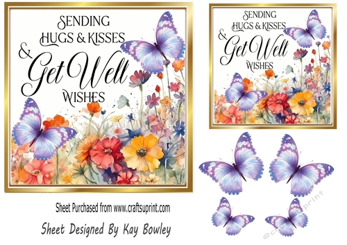 Pretty Spring Flowers GET WELL Topper With Purple Butterflies 7x7
