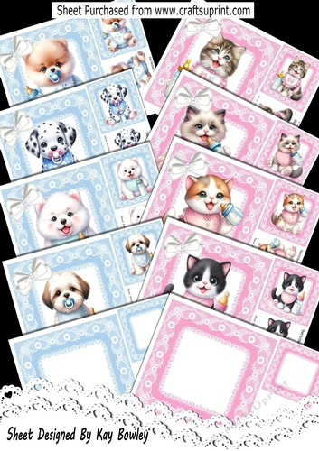 8 Baby Kittens/Puppies On Lace Pink/Blue With Bows/Bottles 8X8 BUMPER KIT 