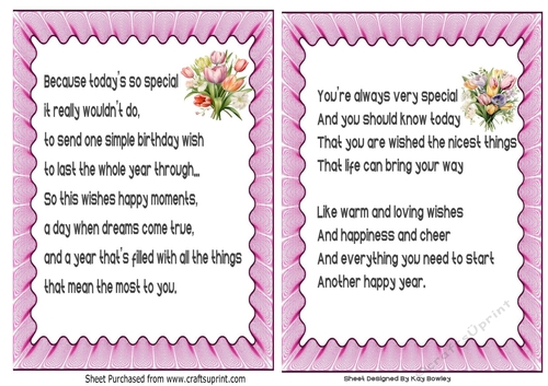 2 Lovely A5 Pink Inserts/Card Fronts With Birthday VersesTulips