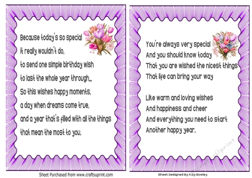 2 Lovely A5 Purple Inserts/Card Fronts With Birthday VersesTulips