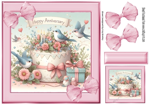 Pretty Anniversary Card With Birds And Pink Bows 8X8