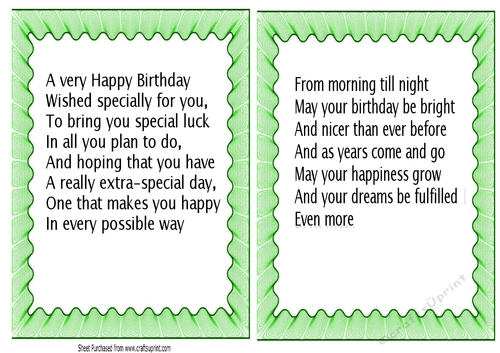2 Lovely A5 Birthday Verses Card/Insert In Green Frill Frames (Five)