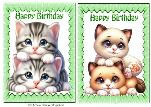 2 Lovely Kittens A5 Card Fronts In Green Frill Frames 