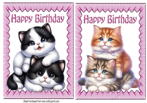 2 Lovely Kittens A5 Card Fronts In Pink Frill Frames (One)