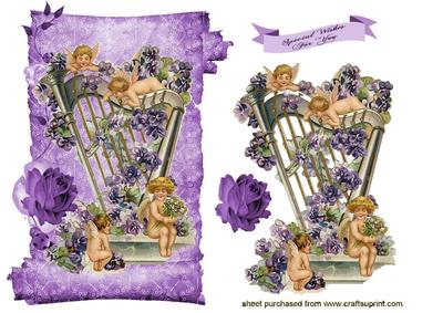 Cute Little Cherubs on a Harp with Purple Flowers