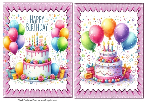 2 Lovely A5 Birthday Cakes With Balloons In Pink Frill Frames