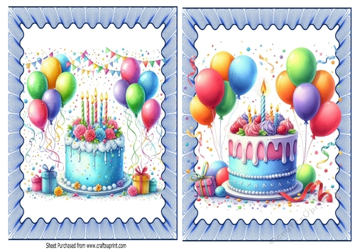 2 Lovely A5 Birthday Cakes With Balloons In Blue Frill Frames