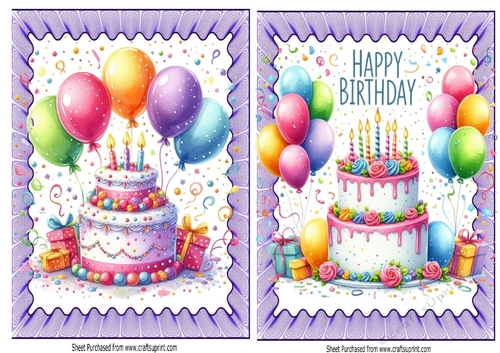 2 Lovely A5 Birthday Cakes With Balloons In Purple Frill Frames