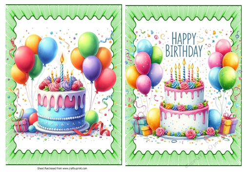 2 Lovely A5 Birthday Cakes With Balloons In Green Frill Frames