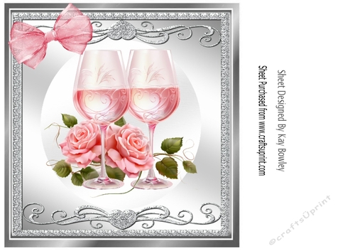 Pretty Silver Scroll Ornate 8x8 Card Front With Glasses & Roses 