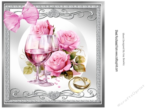Pretty Silver Scroll Ornate 8x8 Card Front With Roses & Rings ANNIVERSARY