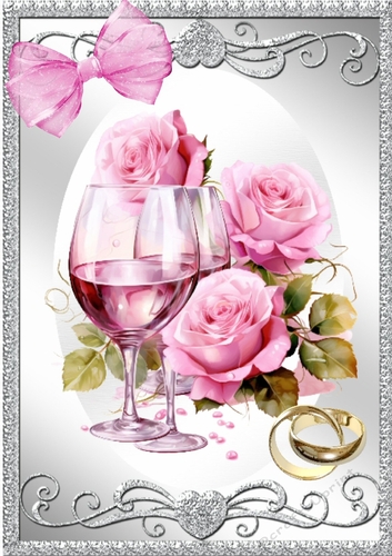 Pretty Silver Scroll Ornate A4 Card Front With Roses & Rings ANNIVERSARY