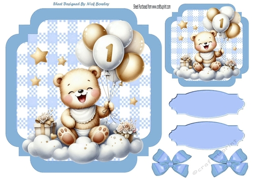 Lovely Birthday Teddy With Balloons (AGE ONE) In Blue Gingham Frame