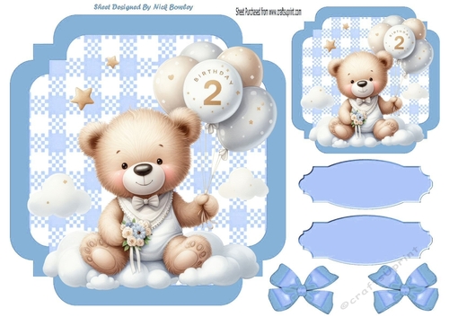Lovely Birthday Teddy With Balloons (AGE TWO) In Blue Gingham Frame