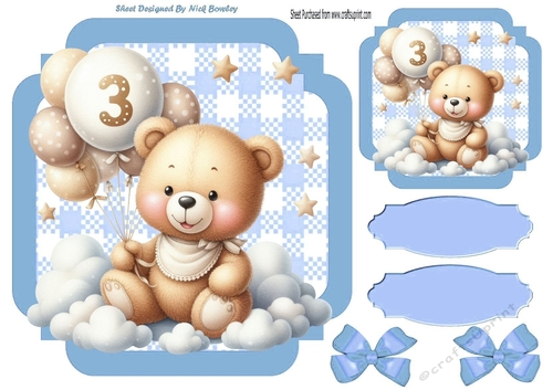 Lovely Birthday Teddy With Balloons (AGE THREE) In Blue Gingham Frame