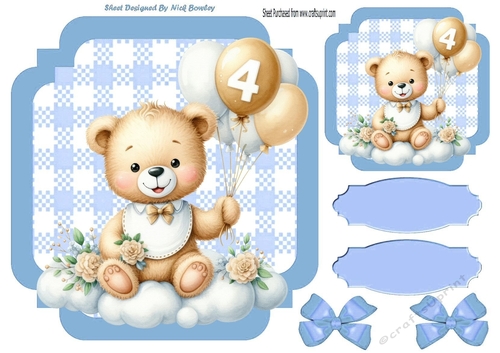 Lovely Birthday Teddy With Balloons (AGE FOUR) In Blue Gingham Frame