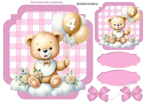 Lovely Birthday Teddy With Balloons (AGE FOUR ) In Pink Gingham Frame