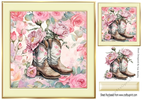 Lovely Cowgirl Boots With Petunias in Cream/Gold 8x8 Frames (One)
