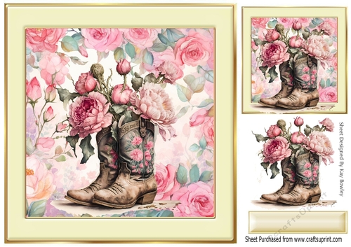 Lovely Cowgirl Boots With Petunias in Cream/Gold 8x8 Frames (Two)