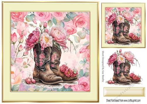 Lovely Cowgirl Boots With Petunias in Cream/Gold 8x8 Frames (Three)