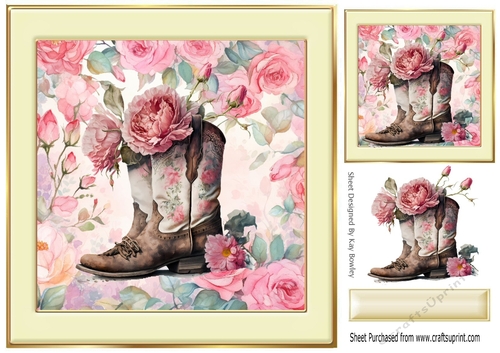 Lovely Cowgirl Boots With Petunias in Cream/Gold 8x8 Frames (Four)