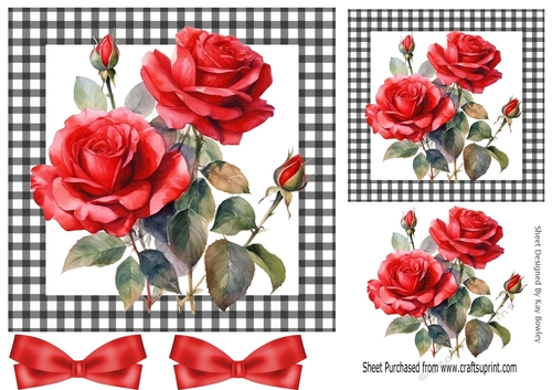 Beautiful Red Roses With Bows 7X7 Black Gingham Card (One)