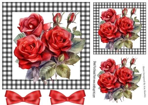 Beautiful Red Roses With Bows 7X7 Black Gingham Card (Two)