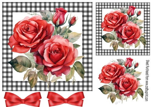 Beautiful Red Roses With Bows 7X7 Black Gingham Card (Three)