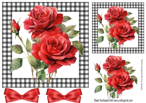 Beautiful Red Roses With Bows 7X7 Black Gingham Card (Four)