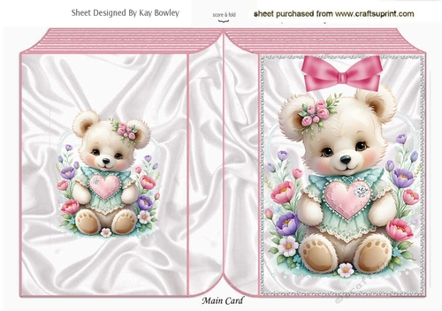 Cute Floral Teddy Bear With Heart Pink Folded Book (One)