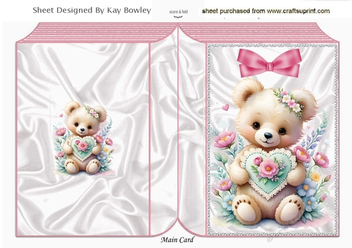 Cute Floral Teddy Bear With Heart Pink Folded Book (Two)