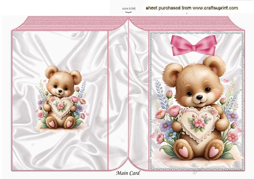 Cute Floral Teddy Bear With Heart Pink Folded Book (Three)