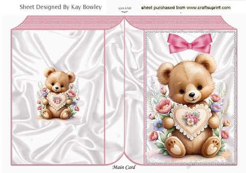 Cute Floral Teddy Bear With Heart Pink Folded Book (Four)