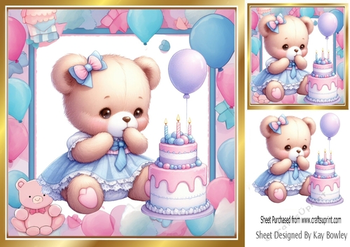 Pretty Birthday Teddy With Pink/Blue Balloons 8x8 Frame (One)