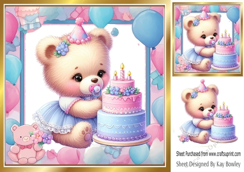 Pretty Birthday Teddy With Pink/Blue Balloons 8x8 Frame (Three))