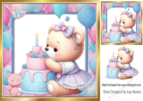 Pretty Birthday Teddy With Pink/Blue Balloons 8x8 Frame (Four)