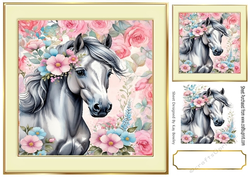 Lovely Horse With Roses/Flowers In 8x8 Cream Frame (Two)