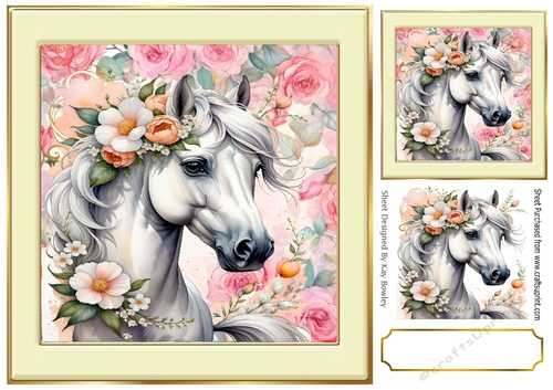Lovely Horse With Roses/Flowers In 8x8 Cream Frame (Three)