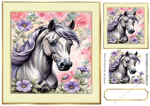 Lovely Horse With Roses Purple/Flowers In 8x8 Cream Frame (Four)