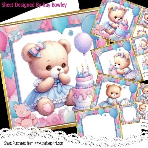 4  Birthday Teddies With Pink/Blue Balloons 8x8 Cards Mini Kit