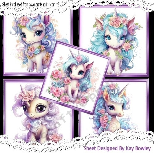5 Lovely Pink/Purple Unicorns Card Fronts 8x8 Mini Kit
