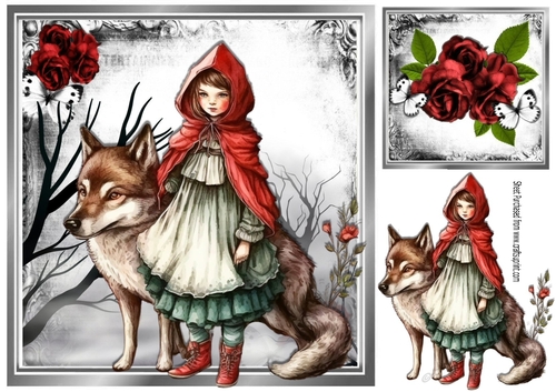 Fantasy Red Roses Eerie Woodlad With Red Riding Hood 8x8 (Four)