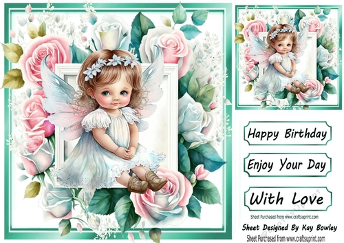 Pretty Turq & Pink Roses Card Front With Sweet Fairy 8x8