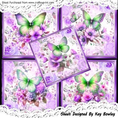 5 Pretty Purple Floral Card Fronts 8x8 With Butterflies Mini Kit