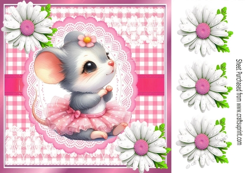 Cute Mouse With Ballet Dress In Pink With Daisies 8x8 (One)