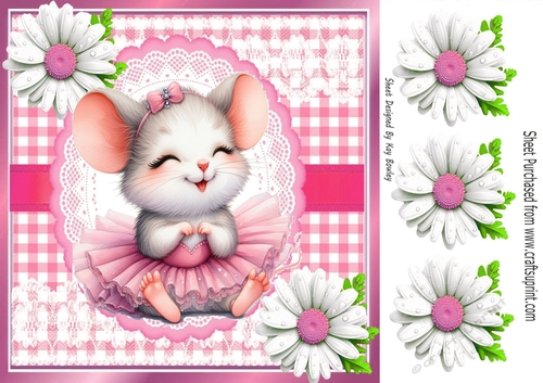 Cute Mouse With Ballet Dress In Pink With Daisies 8x8 (Two)